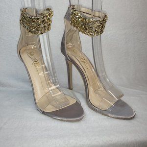 * So Me Gray Satin Chain Strap Stiletto Sandals